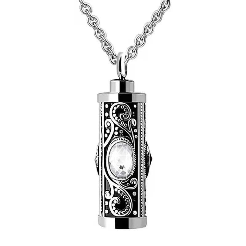 Rockyu ネックレス メンズ ステンレス シルバー 円柱 ジルコニア メモリアルペンダント 手元供養 遺骨ネックレス