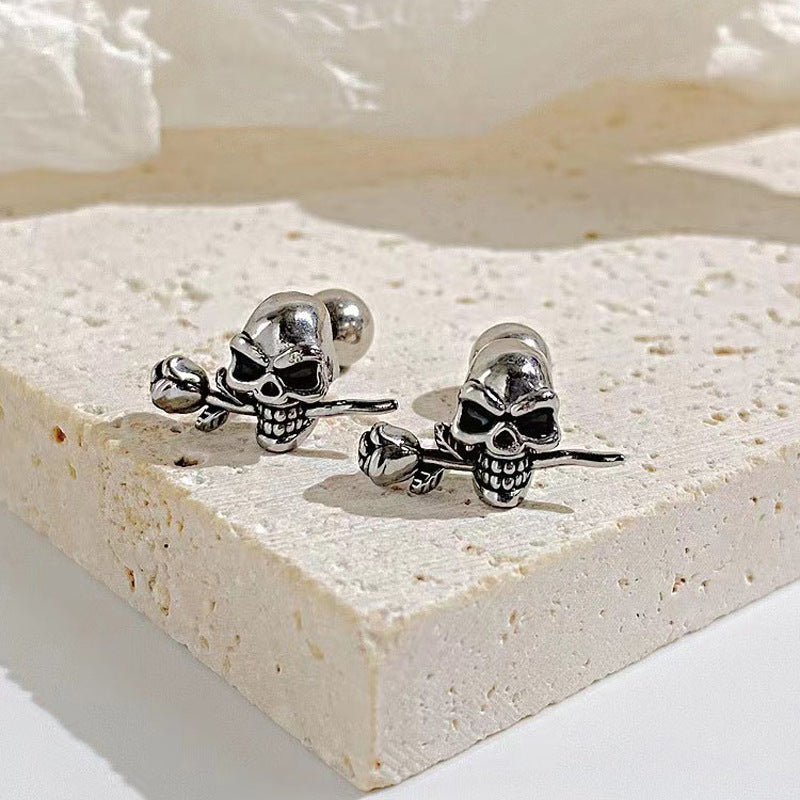 Rockyu メンズ ピアス シルバー スカルデザイン チタン製 両耳用 ファッションジュエリー