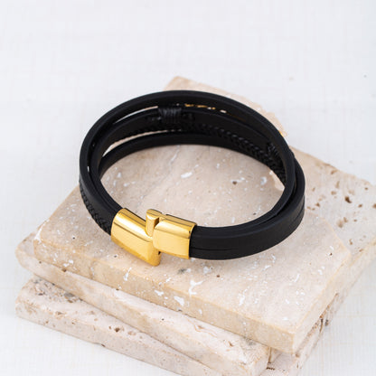 Rockyu メンズブレスレット レザー 黒 多重巻き チェーン 幅広 バングル アクセサリー