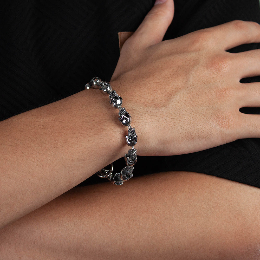 Rockyu スカルチェーンブレスレット メンズ｜ゴシック＆ロックデザイン｜幅広 シルバー｜サージカルステンレス製 金属アレルギー対応