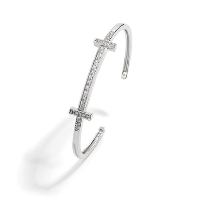 Rockyu レディース クロスラインバングル キュービック付き 18K仕上 ステンレス