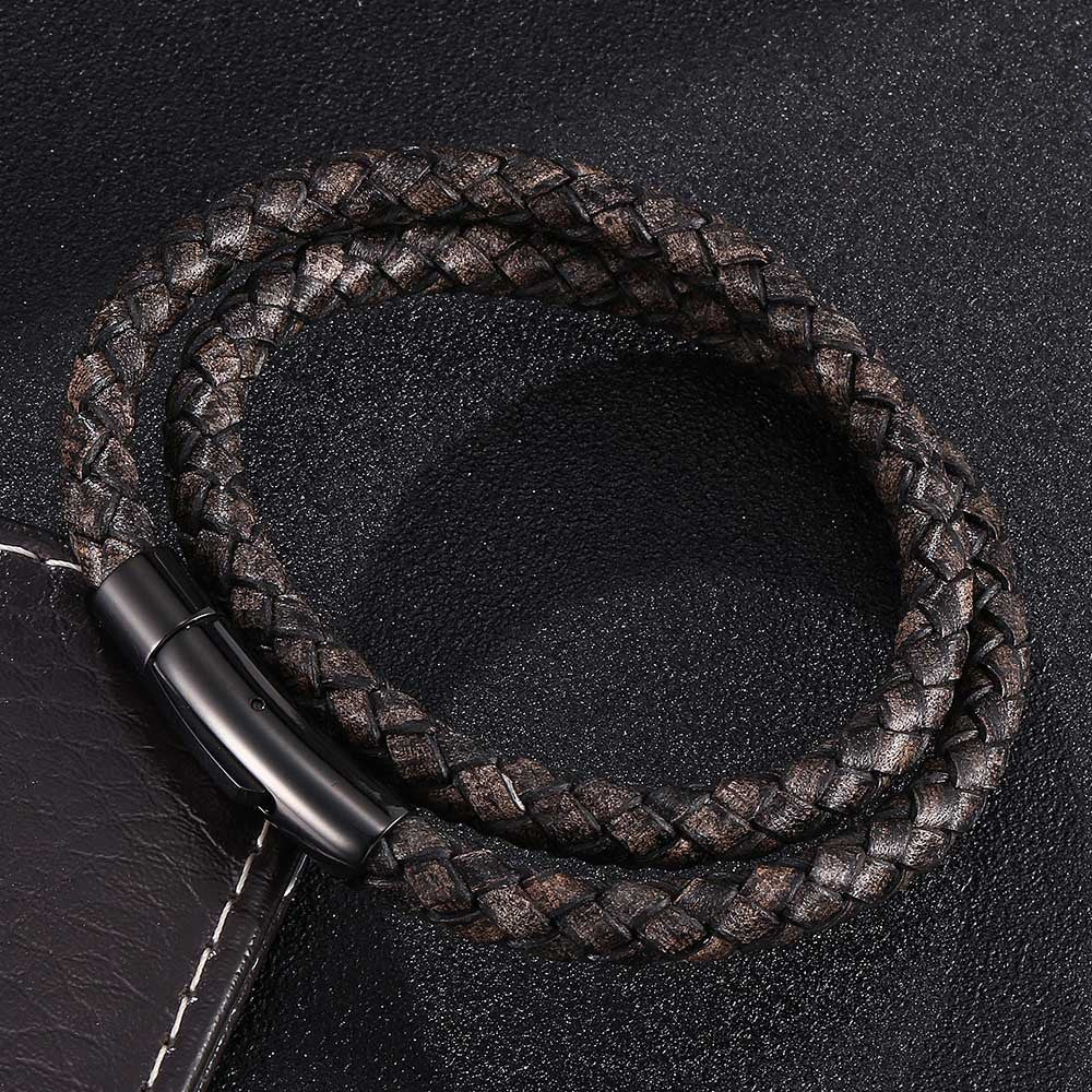 Rockyu ブレスレット メンズ レディース 本革 レザー 二連 編み込み ステンレス 磁気ボタン留め おしゃれ アクセサリー