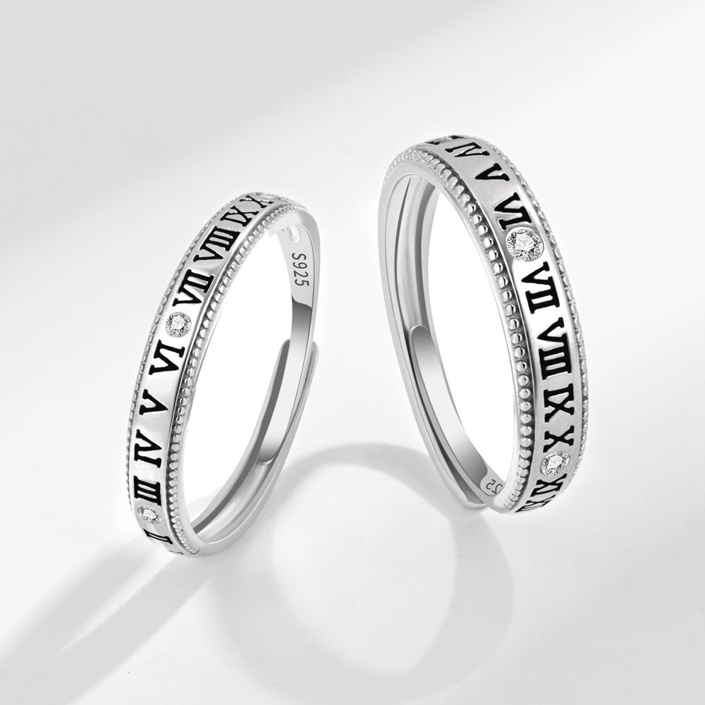 Rockyu ペアリング カップル用 ローマ数字刻印 シルバー925 フリーサイズリング
