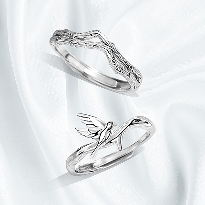 Rockyu ペアリング 二羽の鳥が結ぶ愛のかたち シルバー925 フリーサイズ カップルセット