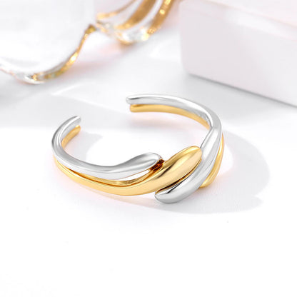 Rockyu レディースリング フリーサイズ ダブルライン風 シルバー＆ゴールド 幾何学デザイン指輪