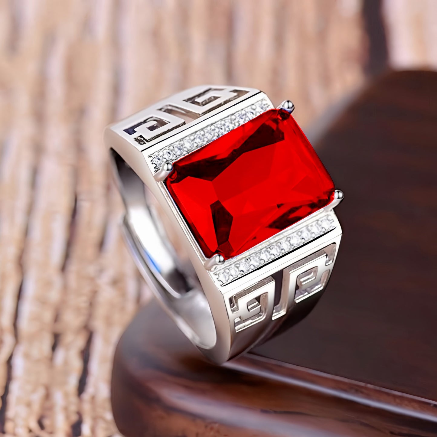 Rockyu 指輪 メンズ 銅製鍍金 大粒ジルコニア 印台リング 幅広 フリーサイズ 金属アレルギー対応 誕生日 記念日 ギフト