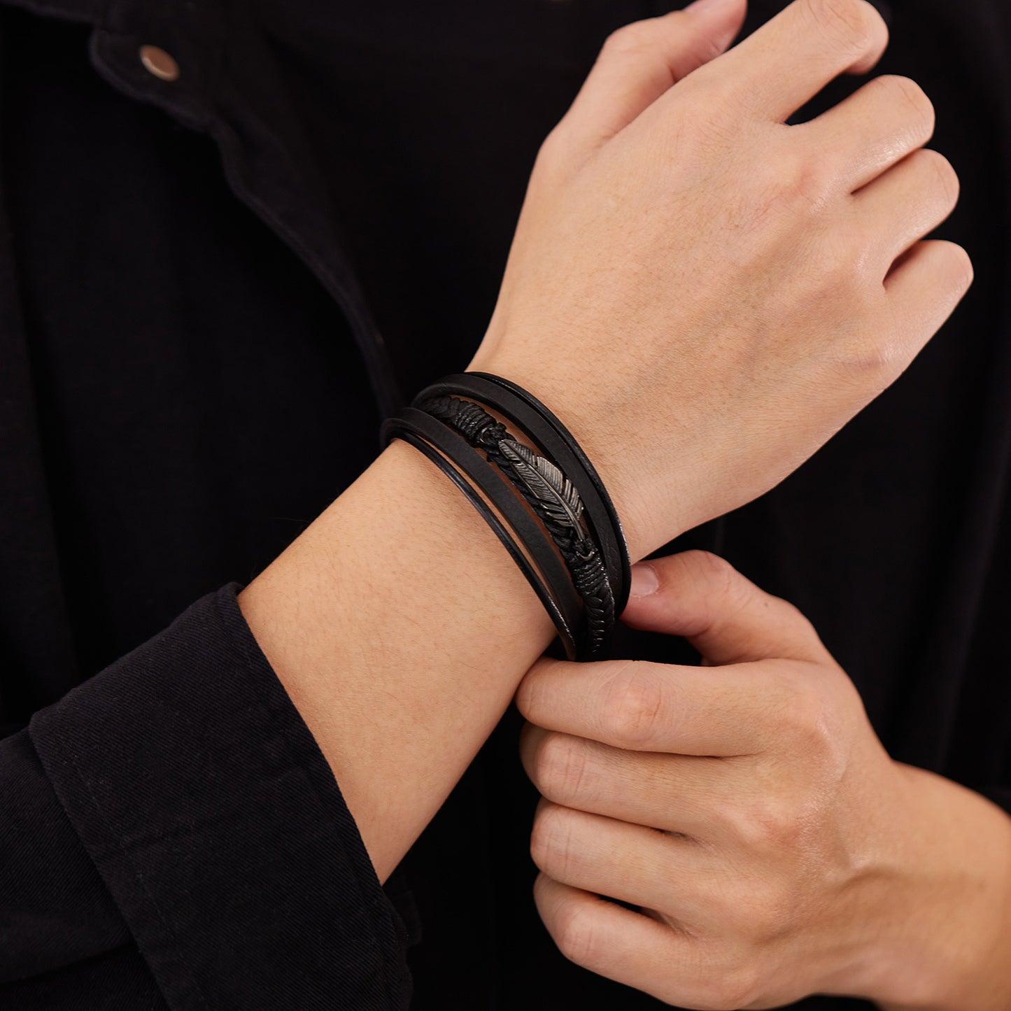 Rockyu メンズブレスレット 本革×ステンレス 羽モチーフ 編み込みデザイン