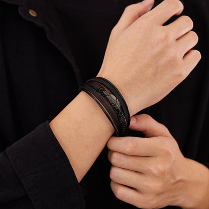 Rockyu メンズブレスレット 本革×ステンレス 羽モチーフ 編み込みデザイン