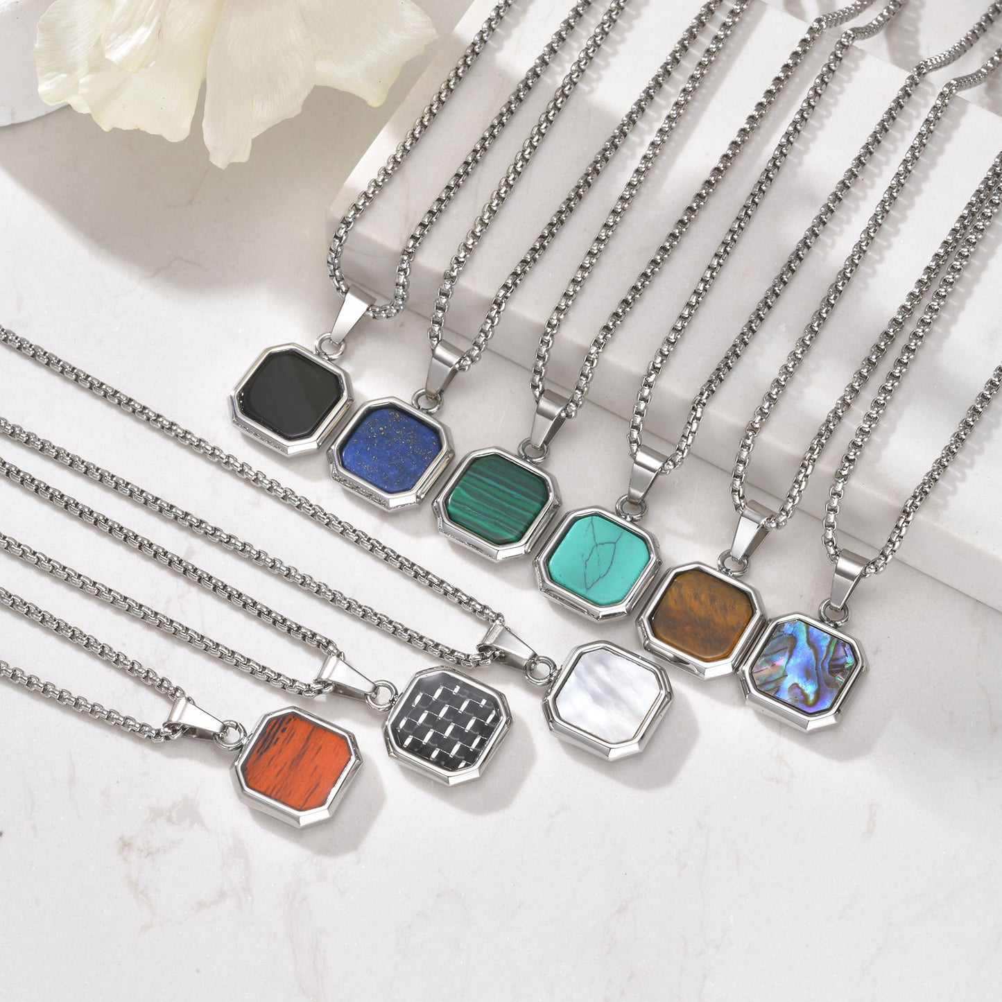 Rockyu スクエアペンダントネックレス｜天然石×ステンレス 60cmチェーン メンズ