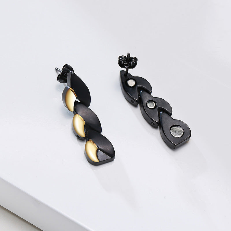 Rockyu メンズピアス チタン製 黒金デザイン 揺れる磁気ピアス 両耳セット