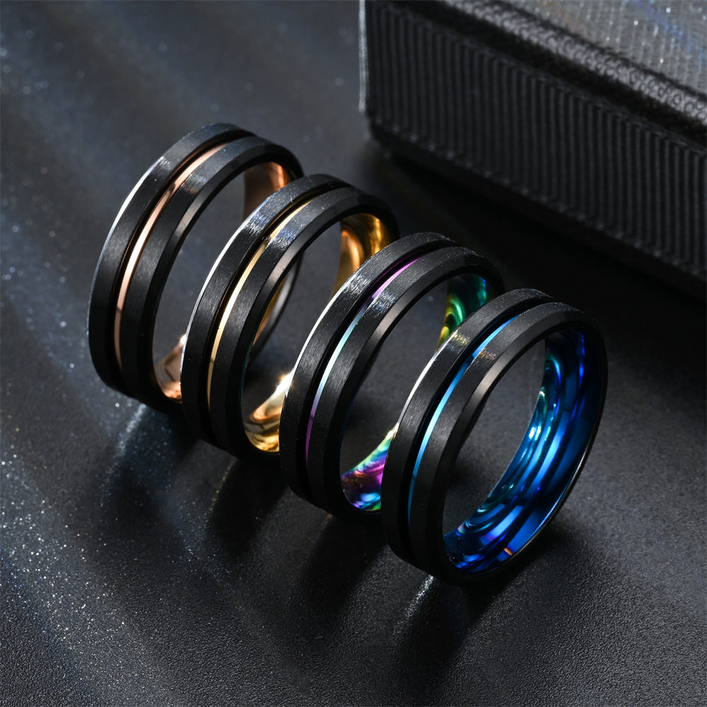 Rockyu メンズリング ステンレス製 ブラックライン 5色展開 6mm幅 マット仕上げ