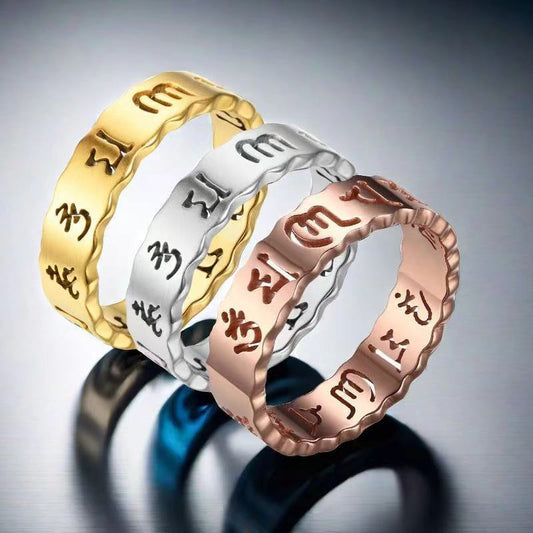 Rockyu ステンレス メンズリング 般若心経刻印 仏教モチーフ お守りデザイン シルバー ゴールド ローズゴールド