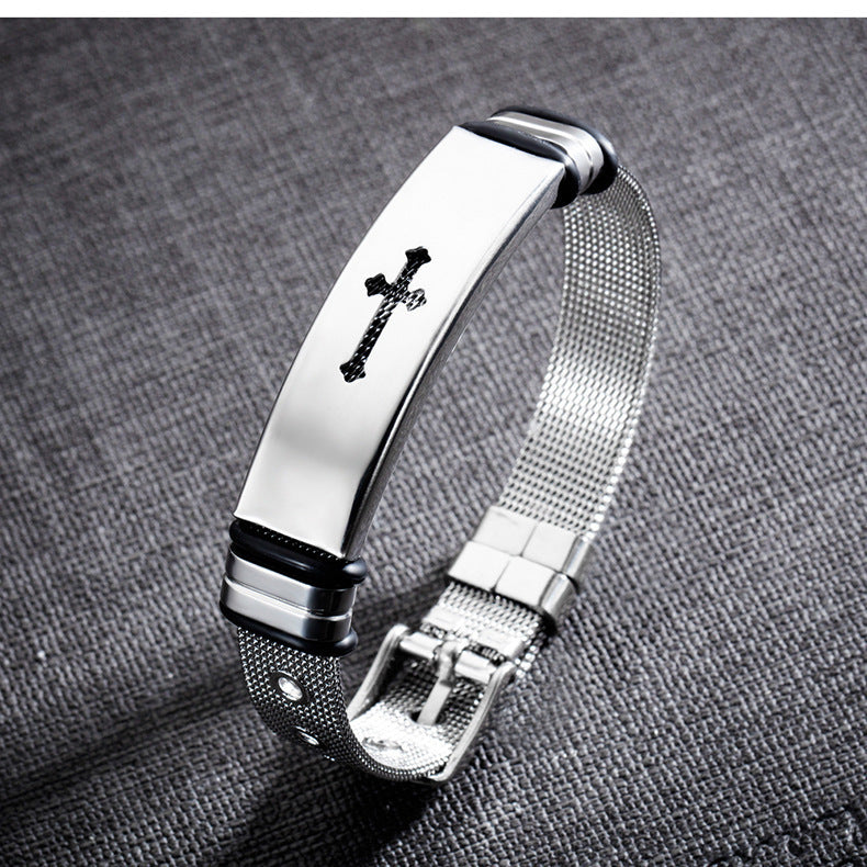 Rockyu メンズブレスレット｜クロスモチーフ ステンレス×シリコン 高級感ユニセックスデザイン