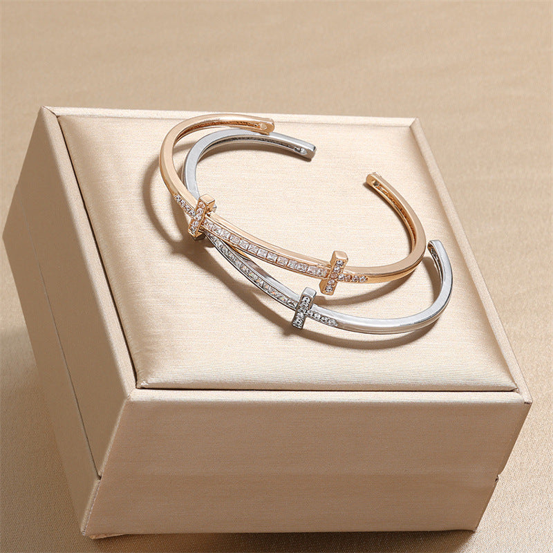 Rockyu レディース クロスラインバングル キュービック付き 18K仕上 ステンレス