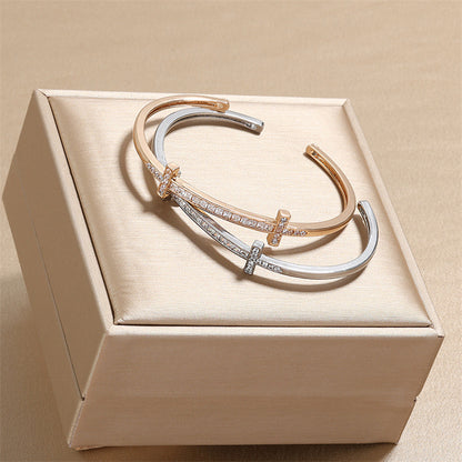 Rockyu レディース クロスラインバングル キュービック付き 18K仕上 ステンレス