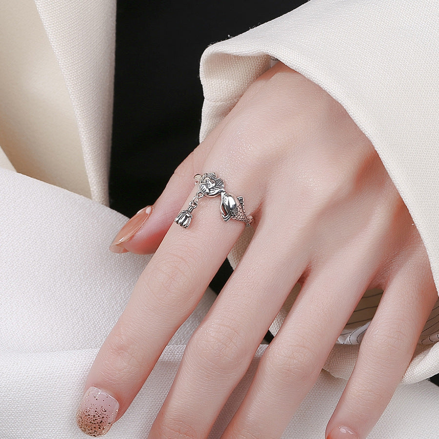 Rockyu 鯉と蓮のチャームリング レディース フリーサイズ S925シルバー指輪