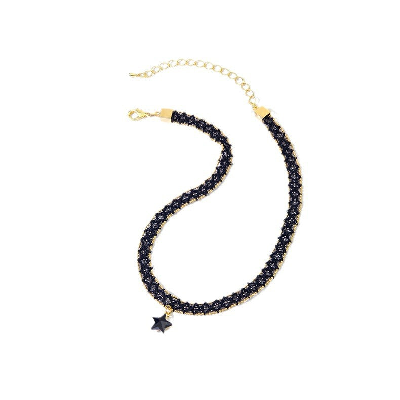 Rockyu 星型チョーカーネックレス レディース ブラックレース×ゴールドチェーン