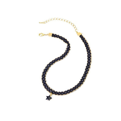 Rockyu 星型チョーカーネックレス レディース ブラックレース×ゴールドチェーン