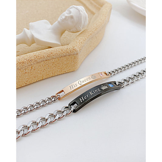 Rockyu ペアブレスレット Her King & His Queen チタンチェーン ジルコニア付