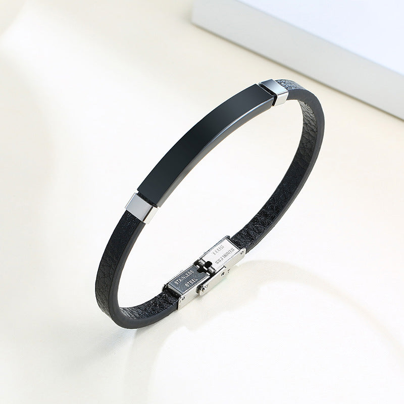 Rockyu ブレスレット メンズ 本革 プレートデザイン ステンレス製 金属アレルギー対応 レザーバングル