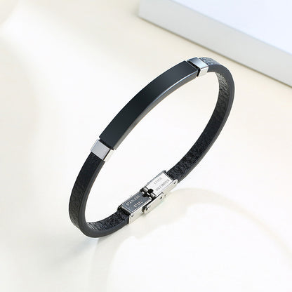 Rockyu ブレスレット メンズ 本革 プレートデザイン ステンレス製 金属アレルギー対応 レザーバングル