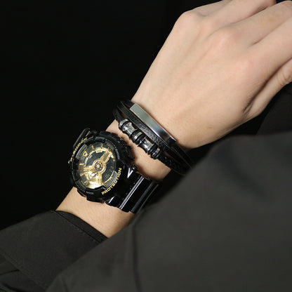 Rockyu メンズ三層レザーブレスレット ブラック ステンレス 編込みチェーン バングル