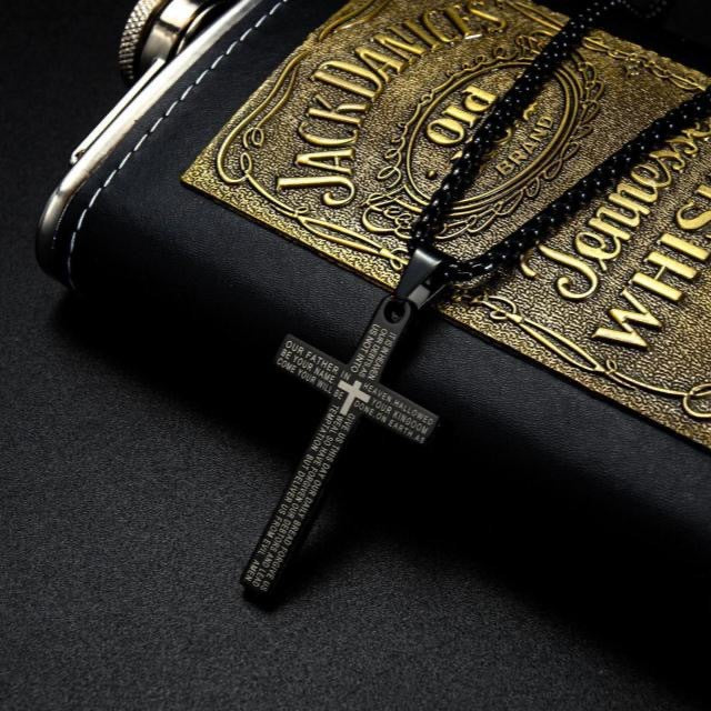 Rockyu 十字架ネックレス メンズ チタン風ステンレス 聖書刻印 ペンダント 仕上げ高級