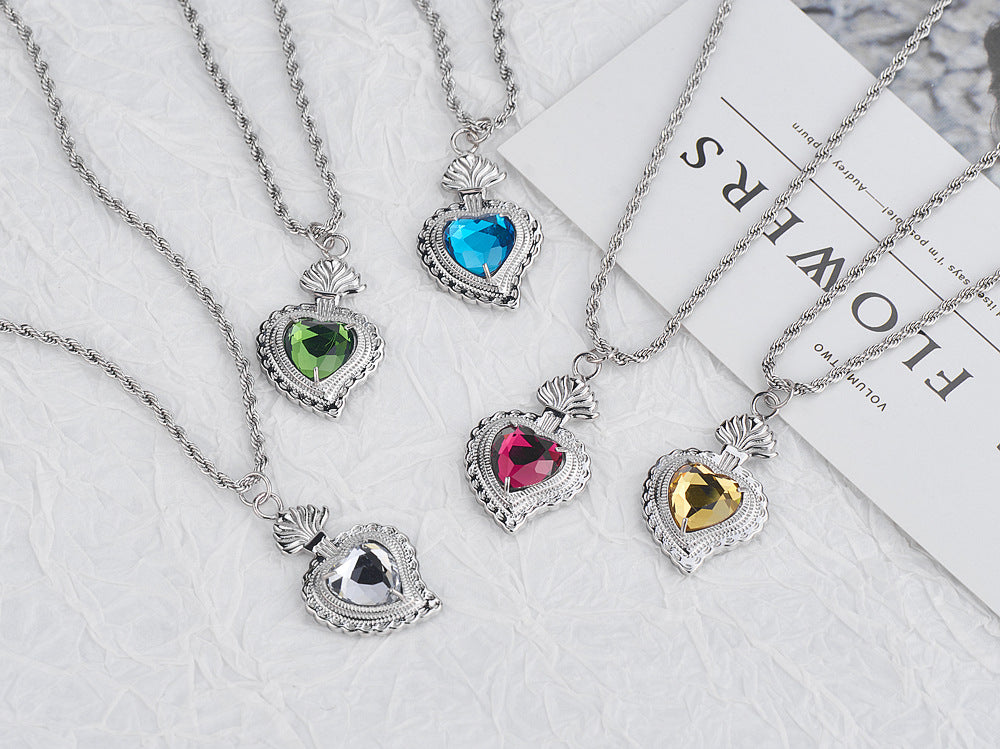 Rockyu ネックレス メンズ レディース シルバー ロープチェーン 50cm+5cm ハートネックレス グリーン/ブルー/レッド/イエロー/ホワイト チタン 金属アレルギー対応 ペンダント アクセサリー