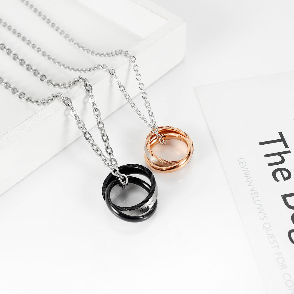 Rockyu ペアネックレス カップル 永遠の愛 刻印入り ステンレス 2連3連リング チタン メンズ レディース 記念日 プレゼント