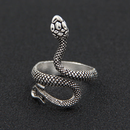 Rockyu 指輪 スネークデザイン フリーサイズ シルバー＆ブラック ステンレス製 男女兼用 お守りリング