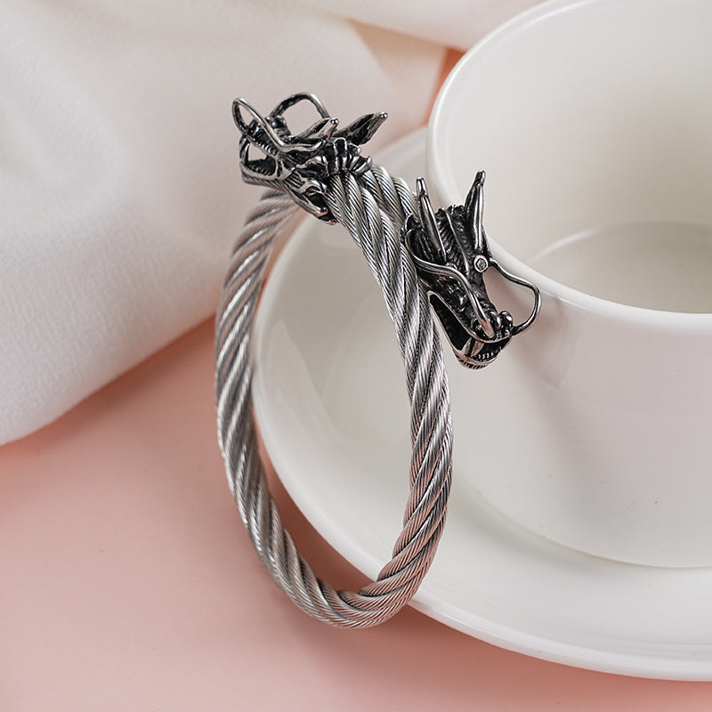 Rockyu ワイヤードラゴンバングル｜メンズ向けシルバーステンレスブレスレット