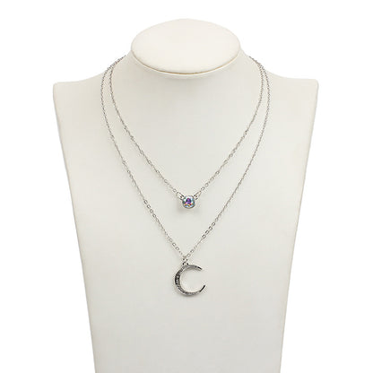 Rockyu 太陽＆月モチーフ 二連ネックレス レディース ゴールド＆シルバー オパール風ペンダント