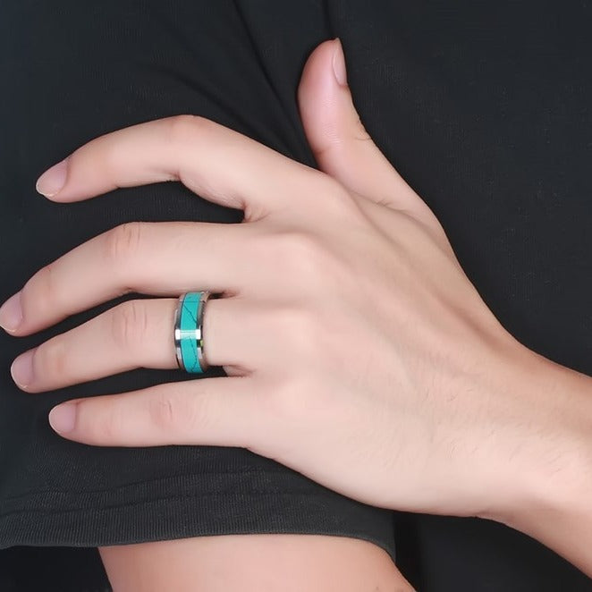 Rockyu タングステン 8mm ターコイズインレイリング メンズ レディース 幅広 ユニセックス