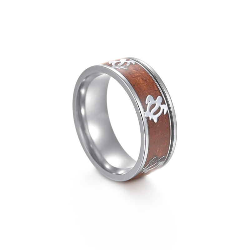 Rockyu 亀モチーフ 木目リング メンズ ステンレス製 延寿お守りデザイン 指輪