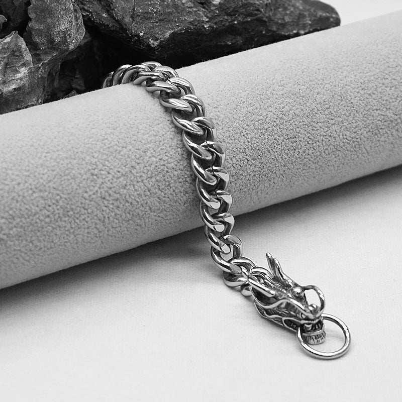 Rockyu 龍ブレスレット メンズ シルバー 太めチェーン チタン製 ドラゴンデザイン
