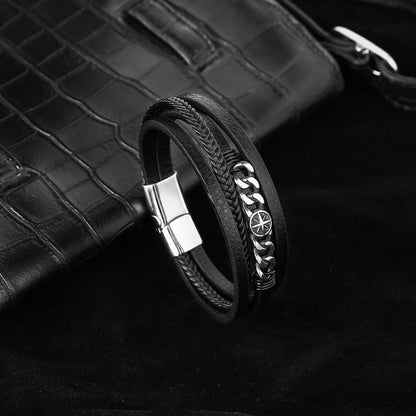 Rockyu メンズブレスレット レザー 黒 多重巻き チェーン 幅広 バングル アクセサリー