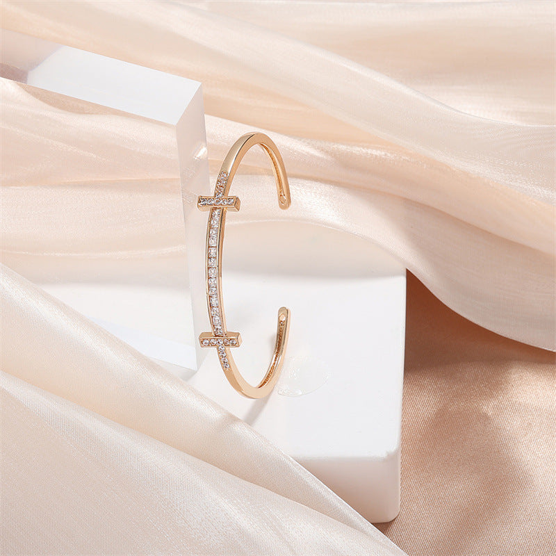 Rockyu レディース クロスラインバングル キュービック付き 18K仕上 ステンレス