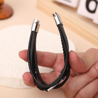 Rockyu メンズ ブレスレット レザー クロス 多重巻き 黒 革 バングル 編み込み アジアン風