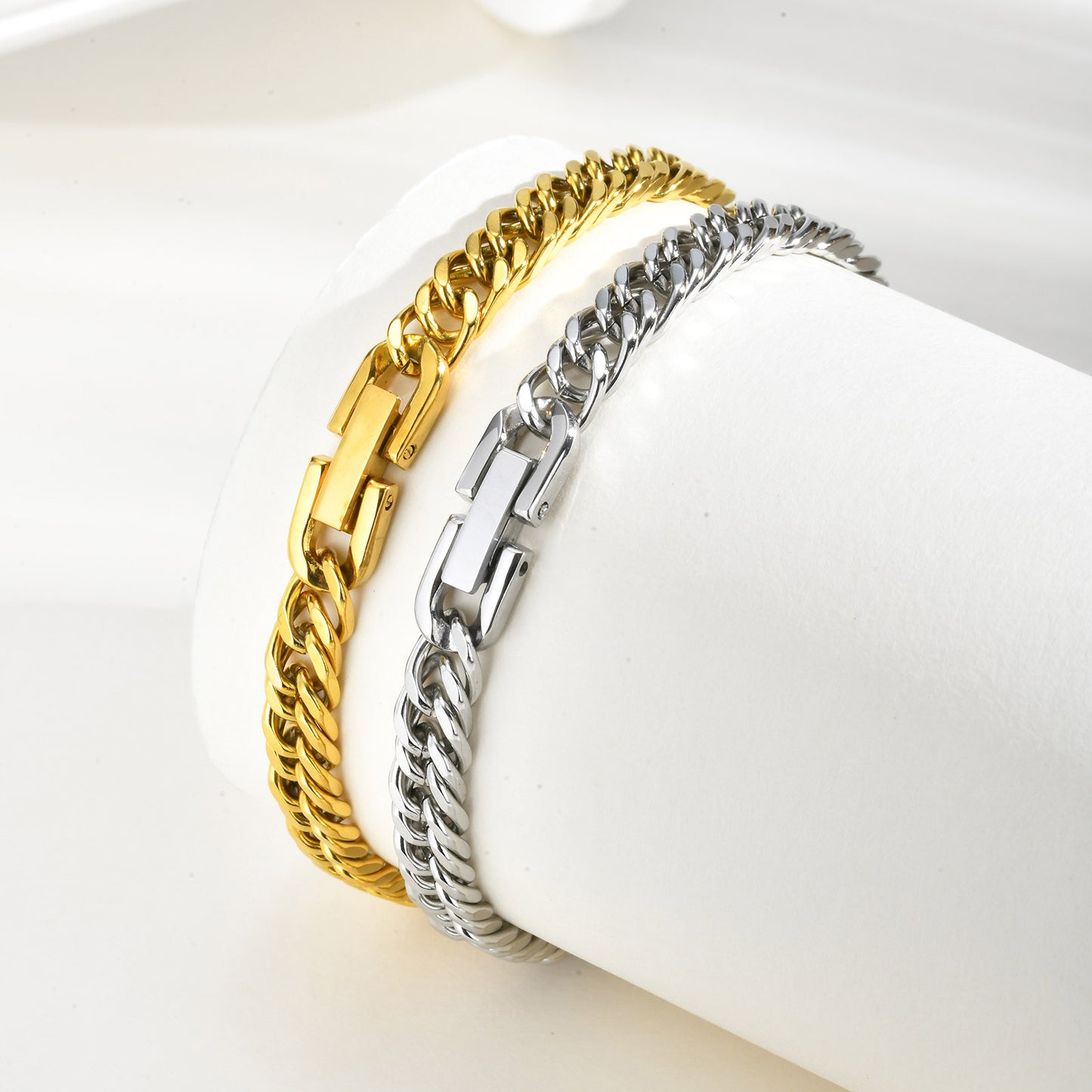 Rockyu レディース キューバンチェーンブレスレット｜ステンレス製 喜平チェーン 16.5cm｜ゴールド＆シルバー 金属アレルギー対応