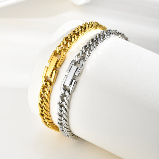 Rockyu レディース キューバンチェーンブレスレット｜ステンレス製 喜平チェーン 16.5cm｜ゴールド＆シルバー 金属アレルギー対応