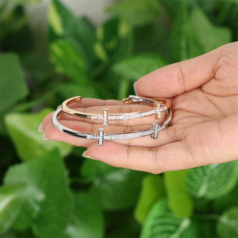 Rockyu レディース クロスラインバングル キュービック付き 18K仕上 ステンレス