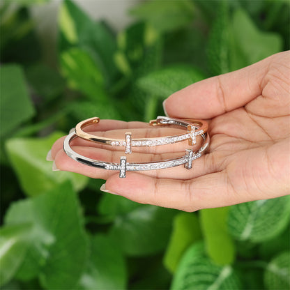 Rockyu レディース クロスラインバングル キュービック付き 18K仕上 ステンレス