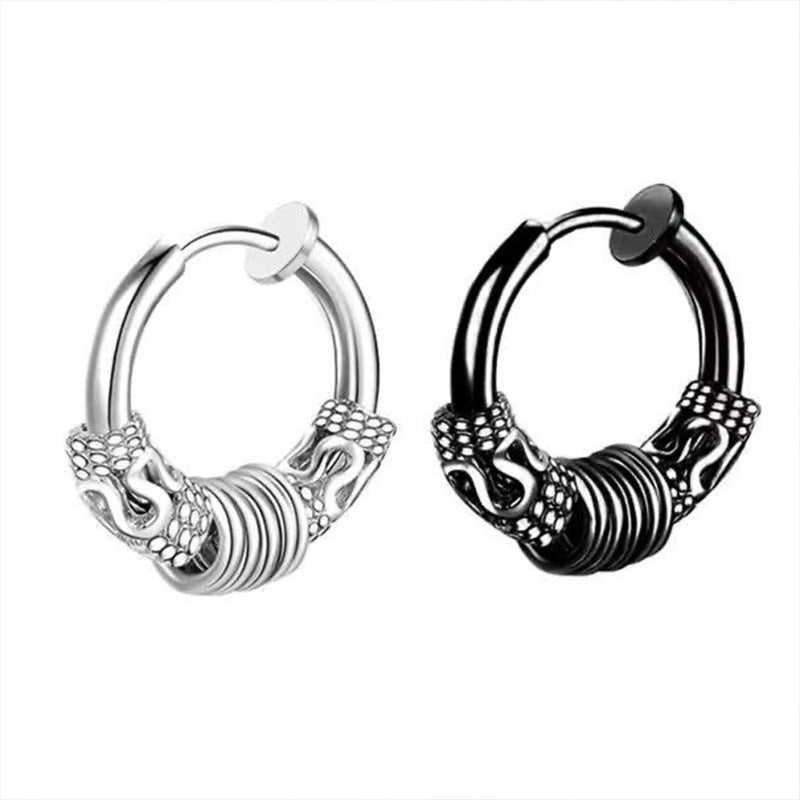 Rockyu フェイクピアス メンズ サージカルステンレス 龍紋デザイン イヤーカフ 4連リング/ボール 小さめ ノンホール 両耳用 金属アレルギー対応