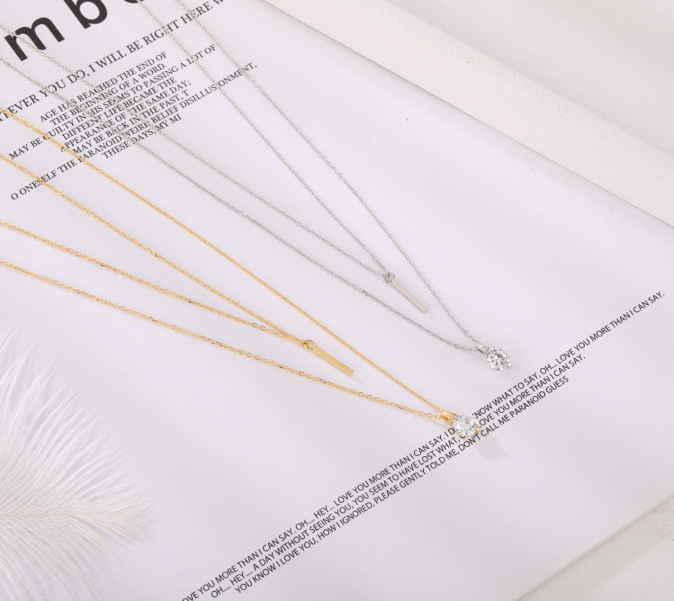 Rockyu ネックレス レディース ピンクゴールド 18K仕上げ 二連チェーン ダイヤモンド風 一粒石 スティック ペンダント 純銀風 ジュエリー アクセサリー