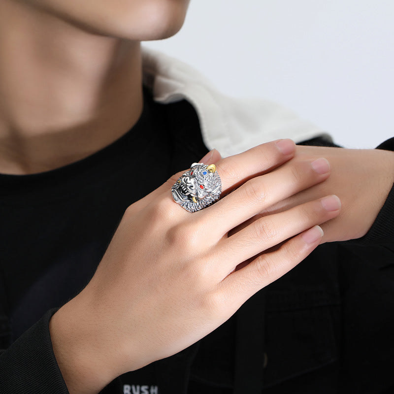 Rockyu 貔貅モチーフ シルバーリング 太めデザイン フリーサイズ メンズアクセサリー