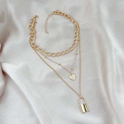 Rockyu 三連ネックレス ゴールド｜ハート＆南京錠チャーム付き・金属アレルギー対応