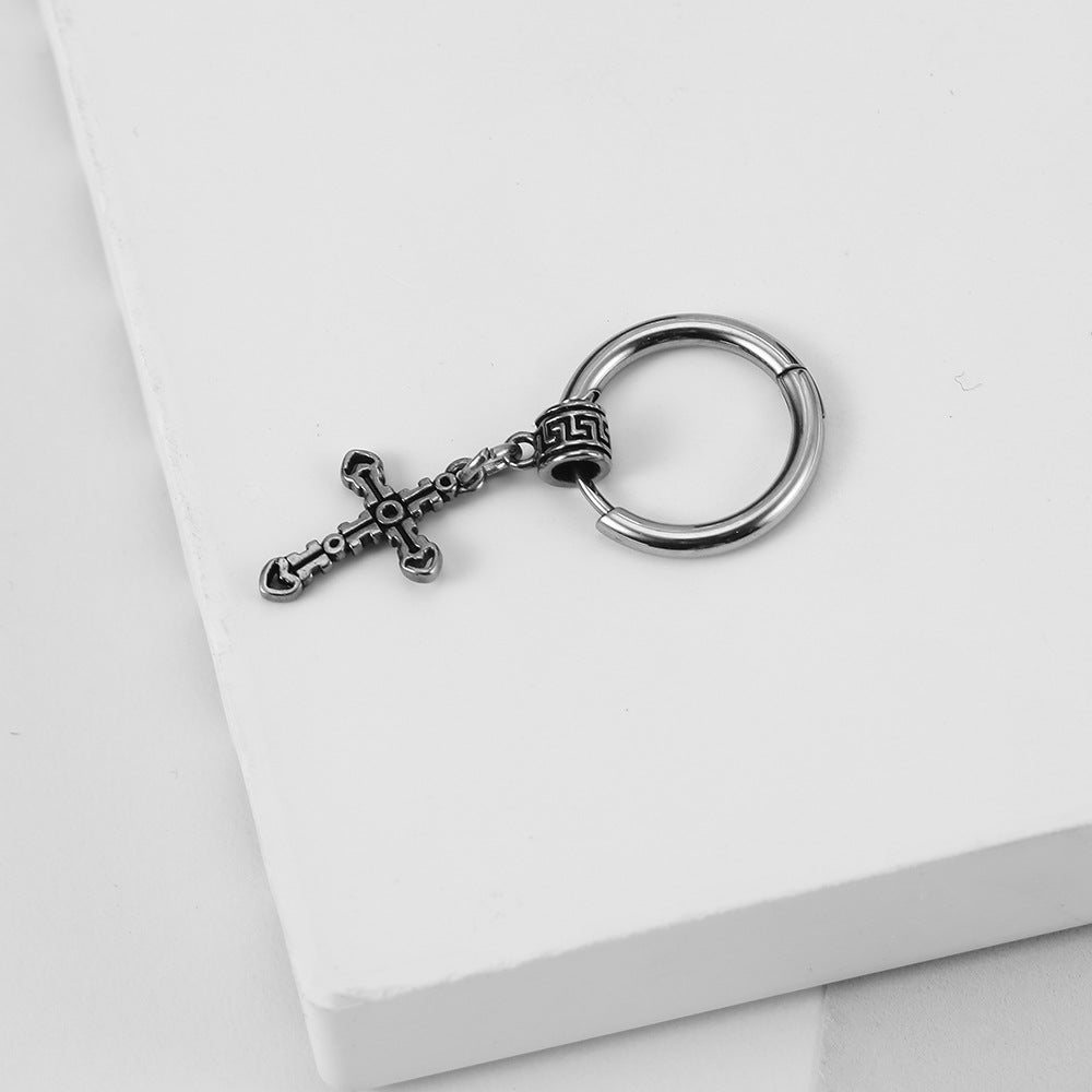 Rockyu ピアス メンズ シルバー クロス フープ 揺れる チタン製 アレルギー対応