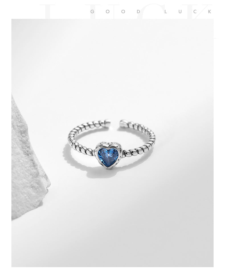 Rockyu リング レディース 925シルバー ハート＆ドロップ型 ブルーストーン 開口式