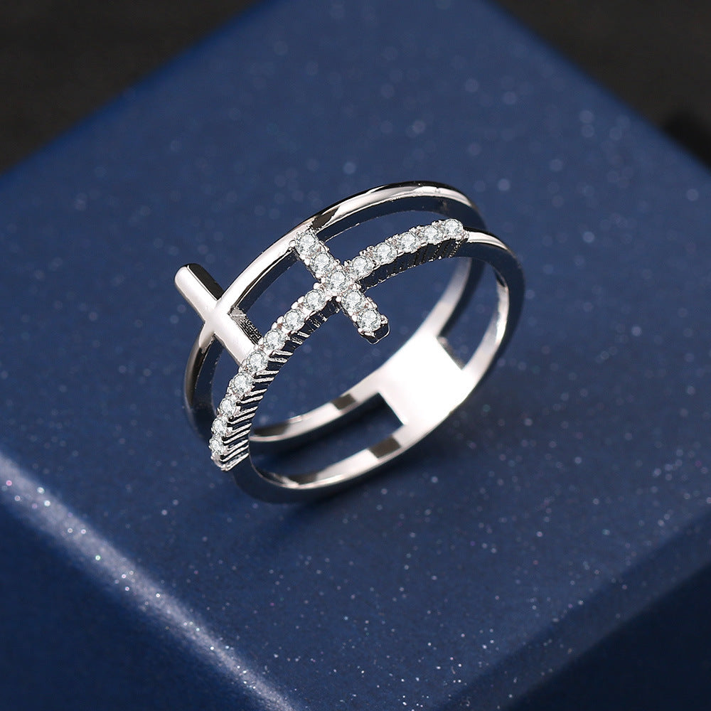 Rockyu クロスリング レディース ジルコニア 18K仕上げ 二連風デザイン 指輪