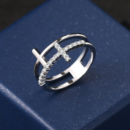 Rockyu クロスリング レディース ジルコニア 18K仕上げ 二連風デザイン 指輪